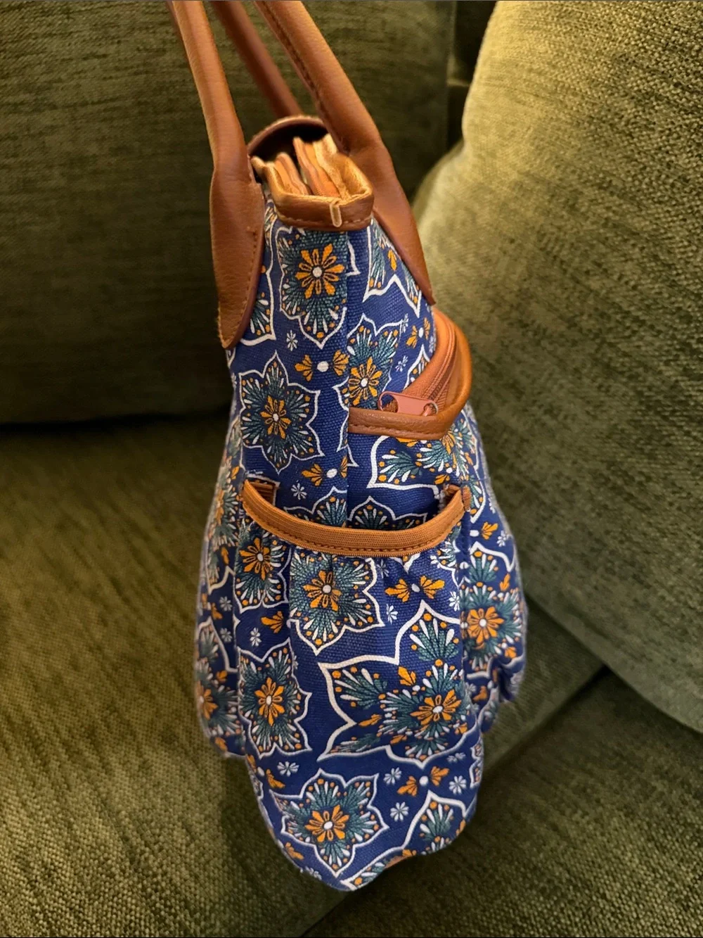 Blue Patterned Insulated Lunch Bag / Tote with Tan Trim